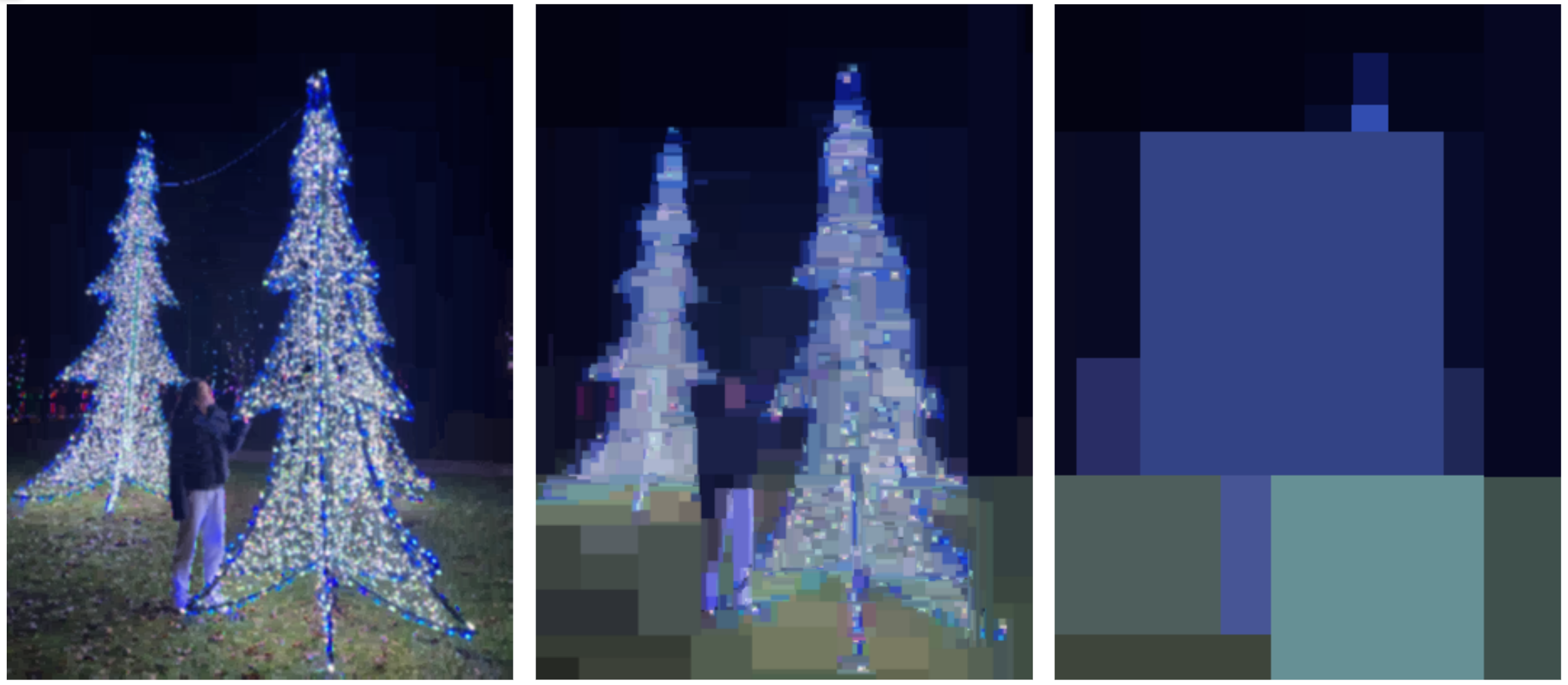 three images with blocky effect with block sizes increasing left to right